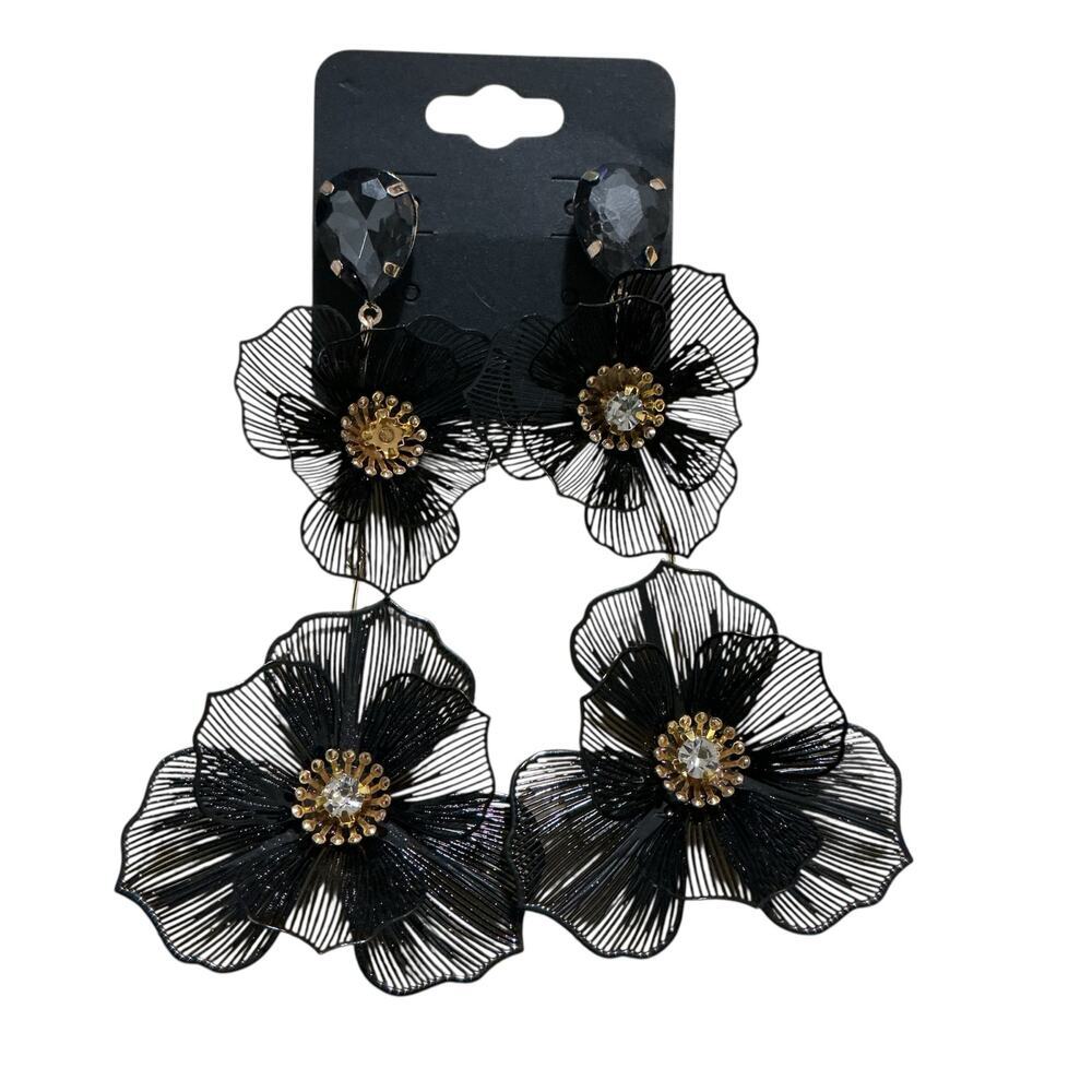 Black Metal Floral Drop Earrings Rhinestone Teardrop Stud Lightweight 4”